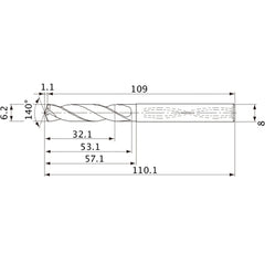 MVS0620X05S080 DP1020 6.2 mm Dia. × 8 mm Shank × 53.1 mm Flute Length × 110.1 mm OAL, 140°, 2 Flute, Coolant Thru, Solid Carbide Drill