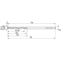 MVS0630X02S080PL DP1020 6.3 mm Dia. × 8 mm Shank × 32 mm Flute Length × 75 mm OAL, 145°, 2 Flute, Coolant Thru, Solid Carbide Drill