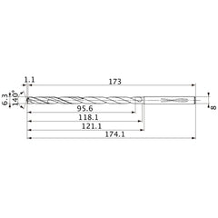 MVS0630X15S080 DP1020 6.3 mm Dia. × 8 mm Shank × 118.1 mm Flute Length × 174.1 mm OAL, 140°, 2 Flute, Coolant Thru, Solid Carbide Drill