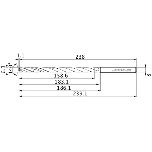 MVS0630X25S080 DP1020 6.3 mm Dia. × 8 mm Shank × 183.1 mm Flute Length × 239.1 mm OAL, 140°, 2 Flute, Coolant Thru, Solid Carbide Drill