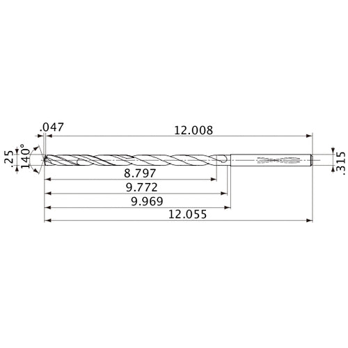 MVS0635X35S080 DP1020 1/4″ Dia. × 0.315″ Shank × 9.772″ Flute Length × 12.055″ OAL, 140°, 2 Flute, Coolant Thru, Solid Carbide Drill