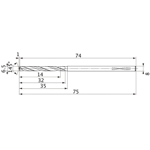 MVS0650X02S080PL DP1020 6.5 mm Dia. × 8 mm Shank × 32 mm Flute Length × 75 mm OAL, 145°, 2 Flute, Coolant Thru, Solid Carbide Drill