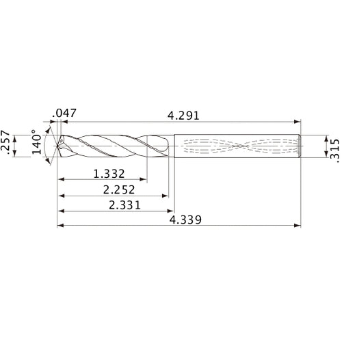 MVS0653X05S080 DP1020 0.257″ Dia. × 0.315″ Shank × 2.252″ Flute Length × 4.339″ OAL, 140°, 2 Flute, Coolant Thru, Solid Carbide Drill