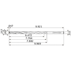 MVS0653X25S080 DP1020 0.257″ Dia. × 0.315″ Shank × 7.764″ Flute Length × 9.969″ OAL, 140°, 2 Flute, Coolant Thru, Solid Carbide Drill