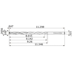 MVS0675X30S080 DP1020 0.2656″ Dia. × 0.315″ Shank × 9.142″ Flute Length × 11.346″ OAL, 140°, 2 Flute, Coolant Thru, Solid Carbide Drill