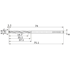 MVS0680X02S080PL DP1020 6.8 mm Dia. × 8 mm Shank × 35.1 mm Flute Length × 75.1 mm OAL, 145°, 2 Flute, Coolant Thru, Solid Carbide Drill