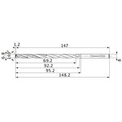 MVS0680X10S080 DP1020 6.8 mm Dia. × 8 mm Shank × 92.2 mm Flute Length × 148.2 mm OAL, 140°, 2 Flute, Coolant Thru, Solid Carbide Drill