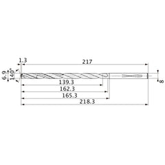 MVS0690X20S080 DP1020 6.9 mm Dia. × 8 mm Shank × 162.3 mm Flute Length × 218.3 mm OAL, 140°, 2 Flute, Coolant Thru, Solid Carbide Drill