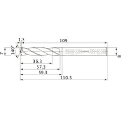 MVS0700X05S080 DP1020 7 mm Dia. × 8 mm Shank × 57.3 mm Flute Length × 110.3 mm OAL, 140°, 2 Flute, Coolant Thru, Solid Carbide Drill