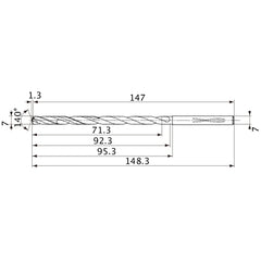MVS0700X10S070 DP1020 7 mm Dia. × 7 mm Shank × 92.3 mm Flute Length × 148.3 mm OAL, 140°, 2 Flute, Coolant Thru, Solid Carbide Drill