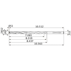 MVS0714X25S080 DP1020 0.2812″ Dia. × 0.315″ Shank × 8.319″ Flute Length × 10.563″ OAL, 140°, 2 Flute, Coolant Thru, Solid Carbide Drill