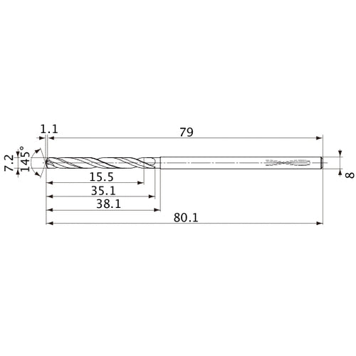 MVS0720X02S080PL DP1020 7.2 mm Dia. × 8 mm Shank × 35.1 mm Flute Length × 80.1 mm OAL, 145°, 2 Flute, Coolant Thru, Solid Carbide Drill