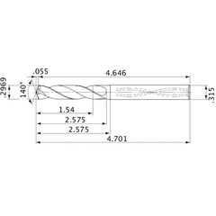 MVS0754X05S080 DP1020 0.2969″ Dia. × 0.315″ Shank × 2.575″ Flute Length × 4.701″ OAL, 140°, 2 Flute, Coolant Thru, Solid Carbide Drill