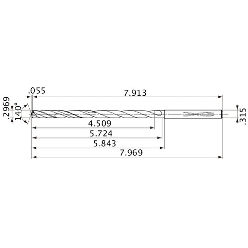 MVS0754X15S080 DP1020 0.2969″ Dia. × 0.315″ Shank × 5.724″ Flute Length × 7.969″ OAL, 140°, 2 Flute, Coolant Thru, Solid Carbide Drill