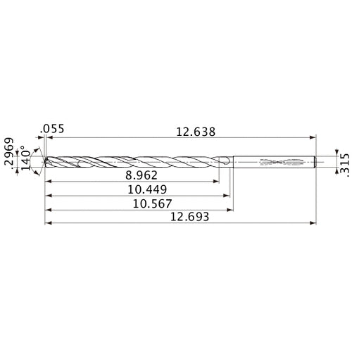 MVS0754X30S080 DP1020 0.2969″ Dia. × 0.315″ Shank × 10.449″ Flute Length × 12.693″ OAL, 140°, 2 Flute, Coolant Thru, Solid Carbide Drill