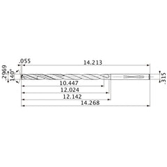 MVS0754X35S080 DP1020 0.2969″ Dia. × 0.315″ Shank × 12.024″ Flute Length × 14.268″ OAL, 140°, 2 Flute, Coolant Thru, Solid Carbide Drill