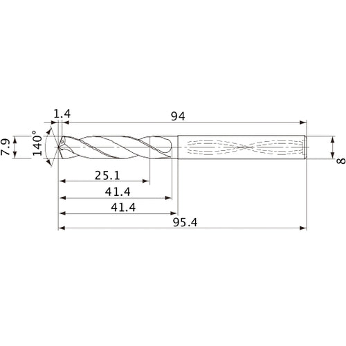 MVS0790X03S080 DP1020 7.9 mm Dia. × 8 mm Shank × 41.4 mm Flute Length × 95.4 mm OAL, 140°, 2 Flute, Coolant Thru, Solid Carbide Drill