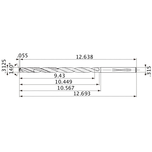 MVS0794X30S080 DP1020 5/16″ Dia. × 0.315″ Shank × 10.449″ Flute Length × 12.693″ OAL, 140°, 2 Flute, Coolant Thru, Solid Carbide Drill