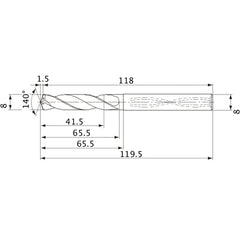 MVS0800X05S080 DP1020 8 mm Dia. × 8 mm Shank × 65.5 mm Flute Length × 119.5 mm OAL, 140°, 2 Flute, Coolant Thru, Solid Carbide Drill