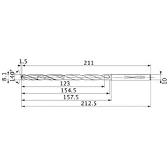 MVS0810X15S100 DP1020 8.1 mm Dia. × 10 mm Shank × 154.5 mm Flute Length × 212.5 mm OAL, 140°, 2 Flute, Coolant Thru, Solid Carbide Drill