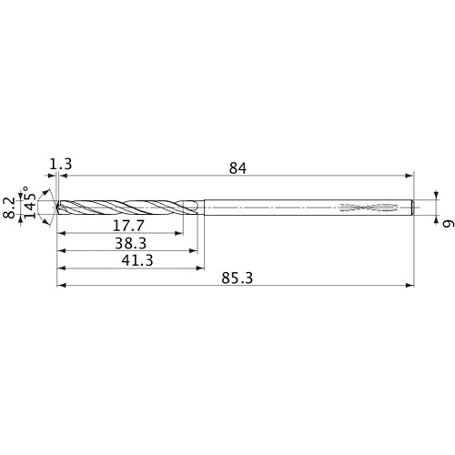 MVS0820X02S090PL DP1020 8.2 mm Dia. × 9 mm Shank × 38.3 mm Flute Length × 85.3 mm OAL, 145°, 2 Flute, Coolant Thru, Solid Carbide Drill