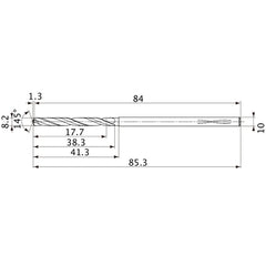 MVS0820X02S100PL DP1020 8.2 mm Dia. × 10 mm Shank × 38.3 mm Flute Length × 85.3 mm OAL, 145°, 2 Flute, Coolant Thru, Solid Carbide Drill