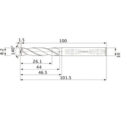 MVS0820X03S100 DP1020 8.2 mm Dia. × 10 mm Shank × 44 mm Flute Length × 101.5 mm OAL, 140°, 2 Flute, Coolant Thru, Solid Carbide Drill
