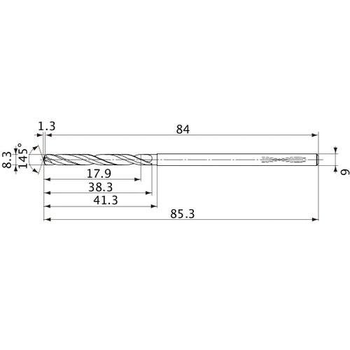MVS0830X02S090PL DP1020 8.3 mm Dia. × 9 mm Shank × 38.3 mm Flute Length × 85.3 mm OAL, 145°, 2 Flute, Coolant Thru, Solid Carbide Drill