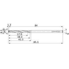 MVS0830X02S090PL DP1020 8.3 mm Dia. × 9 mm Shank × 38.3 mm Flute Length × 85.3 mm OAL, 145°, 2 Flute, Coolant Thru, Solid Carbide Drill