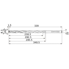 MVS0830X30S100 DP1020 8.3 mm Dia. × 10 mm Shank × 282.5 mm Flute Length × 340.5 mm OAL, 140°, 2 Flute, Coolant Thru, Solid Carbide Drill