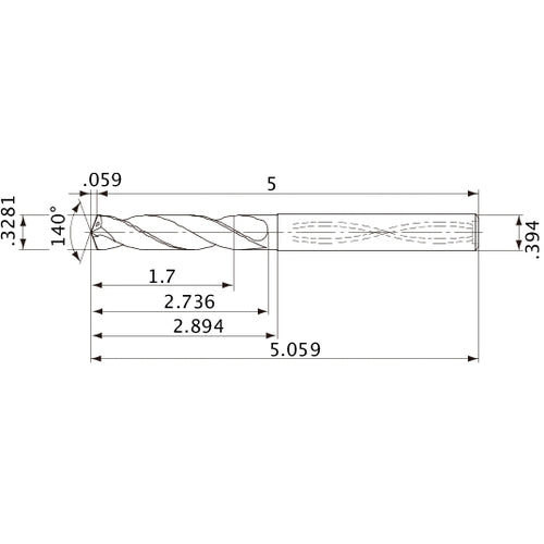 MVS0833X05S100 DP1020 0.3281″ Dia. × 0.394″ Shank × 2.736″ Flute Length × 5.059″ OAL, 140°, 2 Flute, Coolant Thru, Solid Carbide Drill