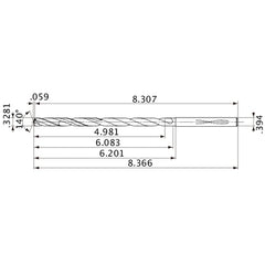 MVS0833X15S100 DP1020 0.3281″ Dia. × 0.394″ Shank × 6.083″ Flute Length × 8.366″ OAL, 140°, 2 Flute, Coolant Thru, Solid Carbide Drill