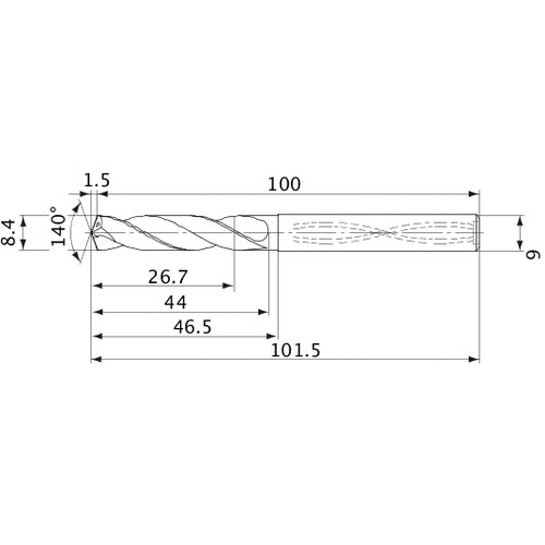 MVS0840X03S090 DP1020 8.4 mm Dia. × 9 mm Shank × 44 mm Flute Length × 101.5 mm OAL, 140°, 2 Flute, Coolant Thru, Solid Carbide Drill