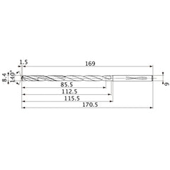 MVS0840X10S090 DP1020 8.4 mm Dia. × 9 mm Shank × 112.5 mm Flute Length × 170.5 mm OAL, 140°, 2 Flute, Coolant Thru, Solid Carbide Drill