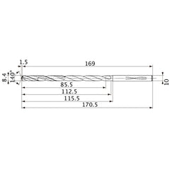 MVS0840X10S100 DP1020 8.4 mm Dia. × 10 mm Shank × 112.5 mm Flute Length × 170.5 mm OAL, 140°, 2 Flute, Coolant Thru, Solid Carbide Drill