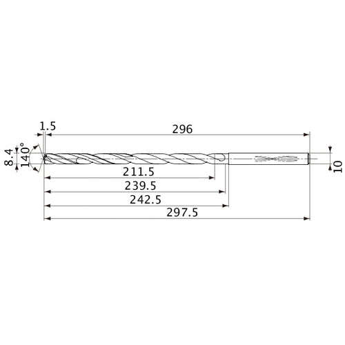 MVS0840X25S100 DP1020 8.4 mm Dia. × 10 mm Shank × 239.5 mm Flute Length × 297.5 mm OAL, 140°, 2 Flute, Coolant Thru, Solid Carbide Drill