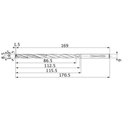 MVS0850X10S090 DP1020 8.5 mm Dia. × 9 mm Shank × 112.5 mm Flute Length × 170.5 mm OAL, 140°, 2 Flute, Coolant Thru, Solid Carbide Drill