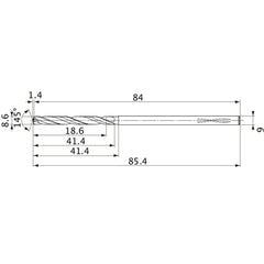 MVS0860X02S090PL DP1020 8.6 mm Dia. × 9 mm Shank × 41.4 mm Flute Length × 85.4 mm OAL, 145°, 2 Flute, Coolant Thru, Solid Carbide Drill