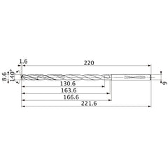 MVS0860X15S090 DP1020 8.6 mm Dia. × 9 mm Shank × 163.6 mm Flute Length × 221.6 mm OAL, 140°, 2 Flute, Coolant Thru, Solid Carbide Drill