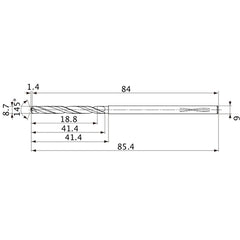 MVS0870X02S090PL DP1020 8.7 mm Dia. × 9 mm Shank × 41.4 mm Flute Length × 85.4 mm OAL, 145°, 2 Flute, Coolant Thru, Solid Carbide Drill