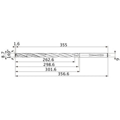 MVS0870X30S090 DP1020 8.7 mm Dia. × 9 mm Shank × 298.6 mm Flute Length × 356.6 mm OAL, 140°, 2 Flute, Coolant Thru, Solid Carbide Drill