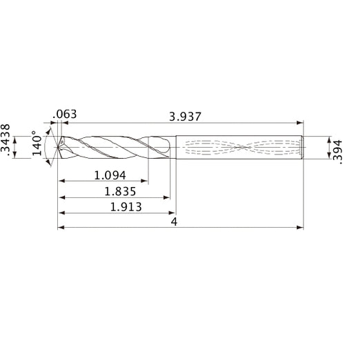 MVS0873X03S100 DP1020 0.3438″ Dia. × 0.394″ Shank × 1.835″ Flute Length × 4″ OAL, 140°, 2 Flute, Coolant Thru, Solid Carbide Drill