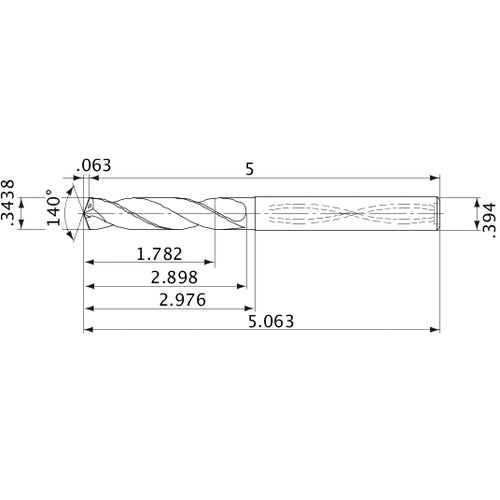 MVS0873X05S100 DP1020 0.3438″ Dia. × 0.394″ Shank × 2.898″ Flute Length × 5.063″ OAL, 140°, 2 Flute, Coolant Thru, Solid Carbide Drill