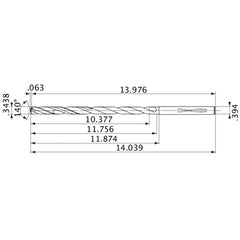 MVS0873X30S100 DP1020 0.3438″ Dia. × 0.394″ Shank × 11.756″ Flute Length × 14.039″ OAL, 140°, 2 Flute, Coolant Thru, Solid Carbide Drill