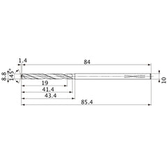 MVS0880X02S100PL DP1020 8.8 mm Dia. × 10 mm Shank × 41.4 mm Flute Length × 85.4 mm OAL, 145°, 2 Flute, Coolant Thru, Solid Carbide Drill