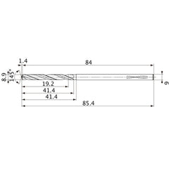 MVS0890X02S090PL DP1020 8.9 mm Dia. × 9 mm Shank × 41.4 mm Flute Length × 85.4 mm OAL, 145°, 2 Flute, Coolant Thru, Solid Carbide Drill