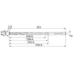 MVS0890X30S090 DP1020 8.9 mm Dia. × 9 mm Shank × 298.6 mm Flute Length × 356.6 mm OAL, 140°, 2 Flute, Coolant Thru, Solid Carbide Drill