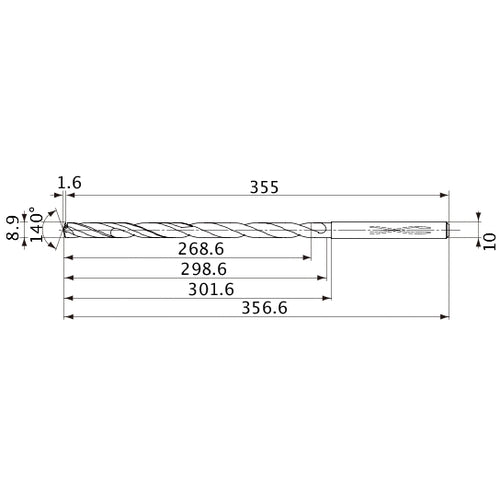 MVS0890X30S100 DP1020 8.9 mm Dia. × 10 mm Shank × 298.6 mm Flute Length × 356.6 mm OAL, 140°, 2 Flute, Coolant Thru, Solid Carbide Drill