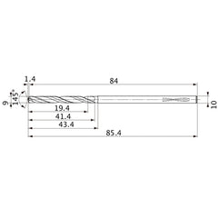 MVS0900X02S100PL DP1020 9 mm Dia. × 10 mm Shank × 41.4 mm Flute Length × 85.4 mm OAL, 145°, 2 Flute, Coolant Thru, Solid Carbide Drill