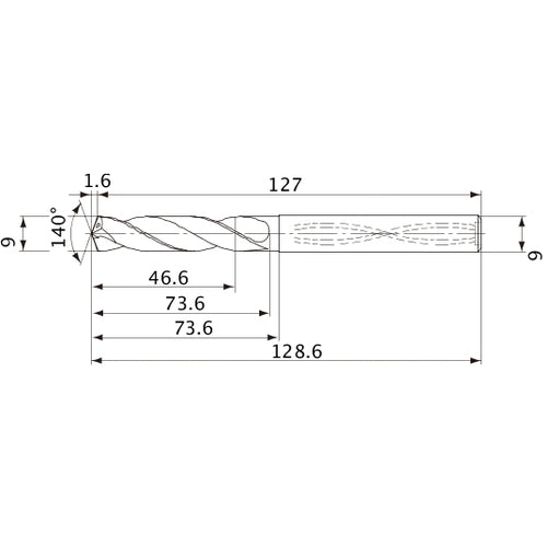 MVS0900X05S090 DP1020 9 mm Dia. × 9 mm Shank × 73.6 mm Flute Length × 128.6 mm OAL, 140°, 2 Flute, Coolant Thru, Solid Carbide Drill